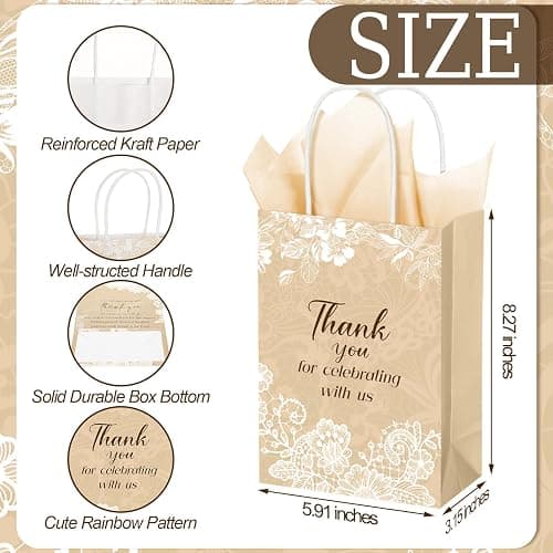Fuutreo 100 Set Wedding Gift Bags with Tissue Paper Wedding Welcome Favor Paper Bags for Guests with Handles Thank You Bridal Shower Hotel 21 * 8 * 15cm(Vintage Lace) thumbnail 3