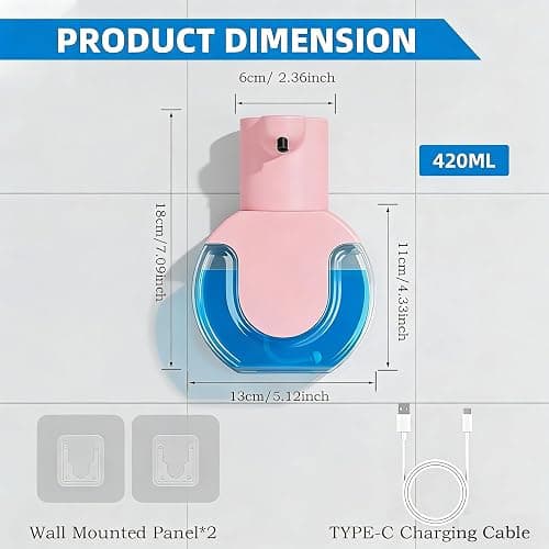 Ipefan Automatic Soap Dispenser Touchless,Rechargeable Foaming Soap Dispenser,15oz/420ml Smart Hand Soap Dispensers,4-Level Adjustable,Wall Mount for Bathroom Kitchen Dish Soap,Hands-Free (Pink) thumbnail 2