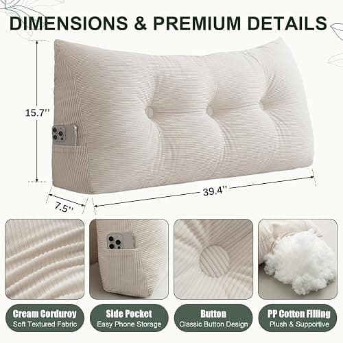 Gnostik Headboard Pillow Twin/Twin XL, Beige Triangle Wedge Pillow Headboard for Dorm, Daybed Backrest Cushion for Reading Sitting Working, 39.4"x15.7"x7.5" thumbnail 2