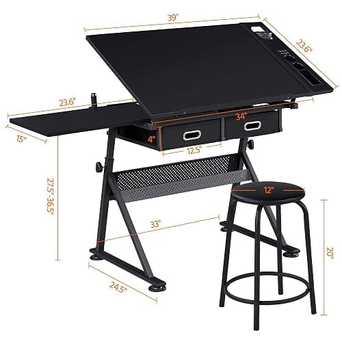 Yaheetech Drafting Table for Artists, Height Adjustable Drawing Desk Art/Craft Desk Diamond Paintings Work Station w/ 2 Storage Drawers and Stool for Home Office School, Black - Black - Large thumbnail 3