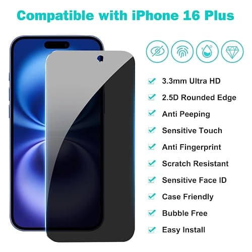 PEHAEL 3+3 Pack for iPhone 16 Plus Privacy Screen Protector with Camera Lens Protector Full Coverage Anti-Spy Tempered Glass Film 9H Hardness Easy Installation Bubble Free [6.7 inch] thumbnail 2