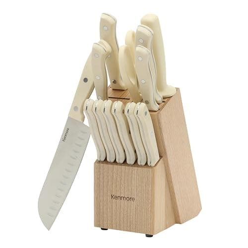 Kenmore Kane 14-Piece Stainless Steel Kitchen Knife Block Set – Triple Rivet ABS Handles, Cream White – Chef, Bread, Utility, Paring, Steak Knives & Kitchen Shears in Wood Storage Block - Image 1