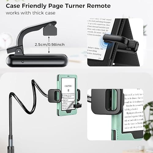 [Case-Friendly] Long Tablet Stand for Kindle with Page Turner Ring Remote, Gooseneck Holder for Reading in Bed with Clicker, eReader Accessories Gift for Readers Compatible with iPad iPhone Fire HD thumbnail 3