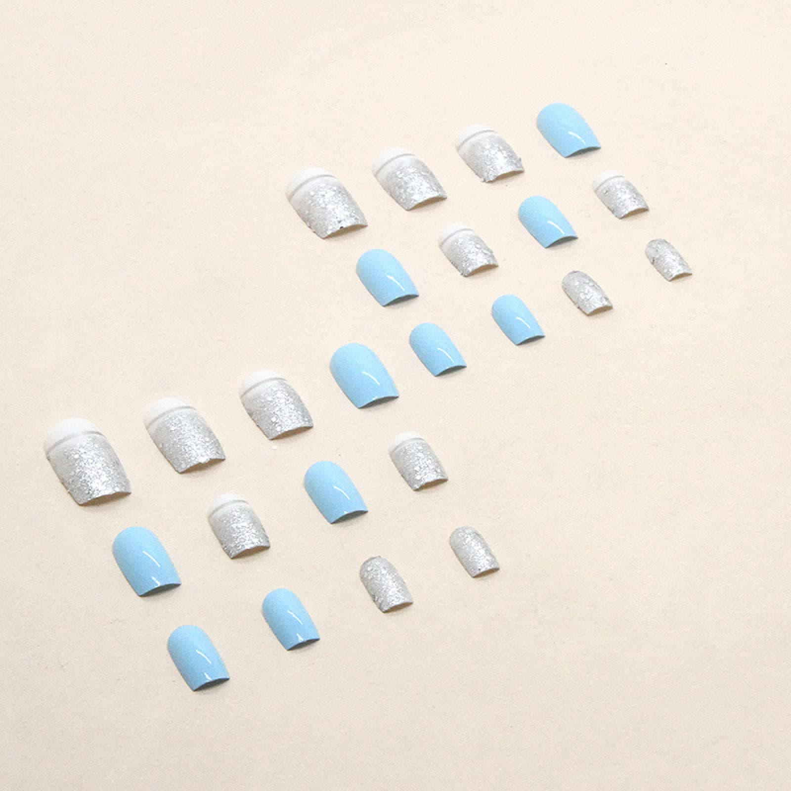TMUT 24pcs Square False Nails Short Stick on Nails Blue White Press on Nail with Silver Sequins Removable Glue-on Acrylic Full Cover Fake Nail Art Accessories for Women Girls thumbnail 3