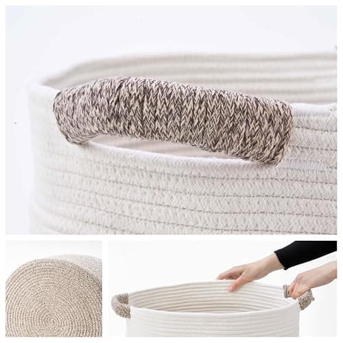 Blanket Basket - Woven Round Rope Storage Basket (16"Wx14"H) for Blankets & Throws, Small Laundry & Toy Organizer, Decorative Living Room & Bedroom Cotton Basket - White & Brown thumbnail 5
