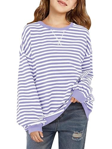 Haloumoning Girls Striped Crewneck Sweatshirt Kids Long Sleeve Oversized Fashion Pullover Tops Fall Clothes 5-14 Years - Image 1