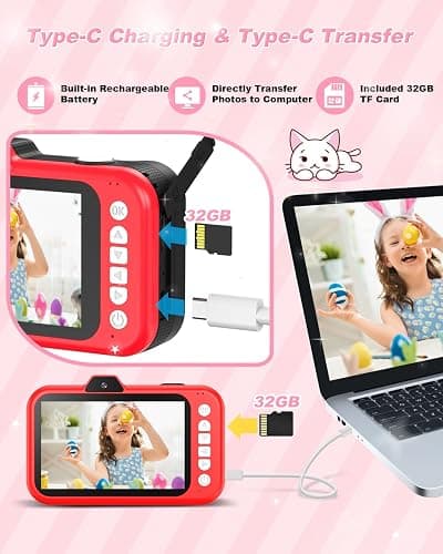 Uffylle Kids Camera, 1080P 48MP Front Selfie Toddler Camera, 3.5 inch Big Screen Toy Camera, 10X Zoom in Chritmas Birthday Gift Cameras for Kids Boys Girl Age 2 3 4 5 6 7 8 9 10 11 12, Red thumbnail 9