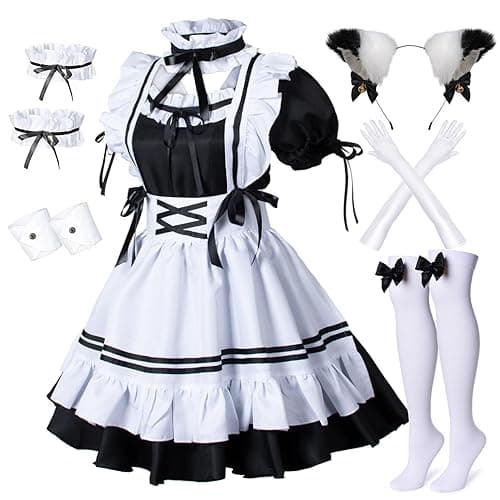 Wannsee Anime French Maid Apron Lolita Fancy Dress Cosplay Costume Furry Cat Ear Gloves Socks set(M) - Image 1