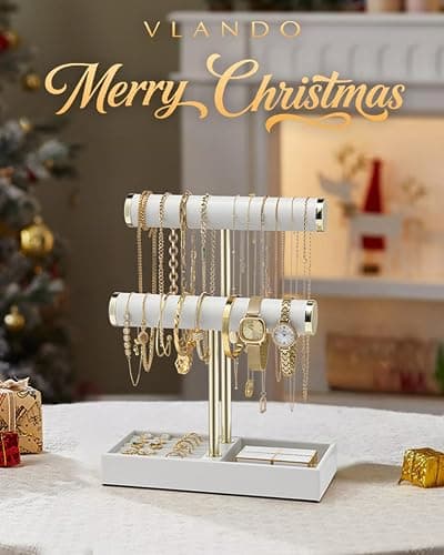 Vlando 2 Tier Bracelet Holder with Tray - Leather Jewelry Stand Organizer for Women - Christmas Gift for Women- Jewelry Holder Display for Necklace, Watches, Rings, Earrings, Bangle, Scrunchie - White thumbnail 2