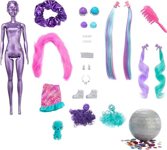 Barbie Color Reveal Doll, Glittery Purple with 25 Hairstyling & Party-Themed Surprises Including 10 Plug-in Hair Pieces thumbnail 6