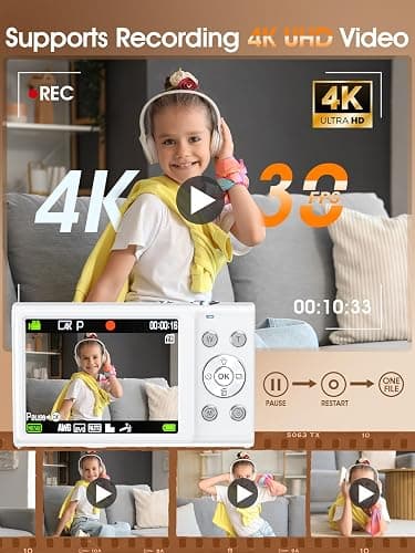 Digital Camera,Autofocus 4K Vlogging Camera for Photography with 32GB Card,48MP Portable Compact Point and Shoot Digital Camera for Teens Adult Beginner with 16X Zoom,Anti-Shake,2 Batteries(White) thumbnail 3