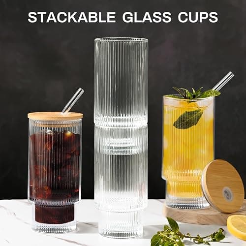 AFINSEA 16OZ Ribbed Glass Cups with Lids and Straws,Iced Coffee Cups with Bamboo Lid,Vintage Glassware for Whiskey Cocktail Beer Fruit Juice Glasses Tumbler(2 Pack) thumbnail 5