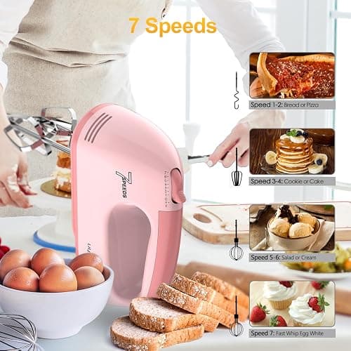 LILPARTNER Hand Mixer Electric, Ultra Power Kitchen Hand Mixer With 7-Speed & 5 Stainless Steel Accessories for Whipping Dough, Cream, Cake, Dishwasher Safe, Pink thumbnail 3