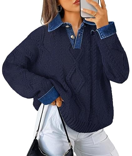 Soesdemo Womens Oversized Cable Knit Sweaters Chunky Long Sleeve Button Up Denim Polo Neck Knit Pullover Tunic Sweaters - Image 1