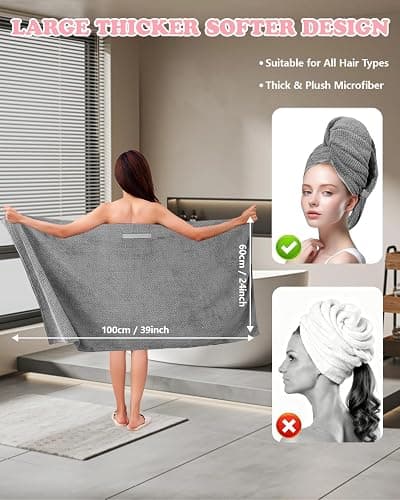 FUFUSING Plush Microfiber Hair Towel Wrap for Women, Extra Large 24×39 in Absorbent Quick Dry Turban for Curly Hair, Super Soft Anti-Frizz Drying Towel, 2-Pack thumbnail 2