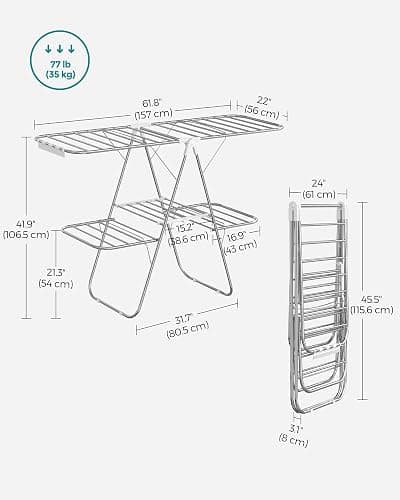 SONGMICS Clothes Drying Rack, Foldable 2-Level Laundry Drying Rack, Free-Standing Laundry Airer, with Height-Adjustable Wings, 33 Drying Rails, Sock Clips, Silver and White ULLR053W01V1 thumbnail 3