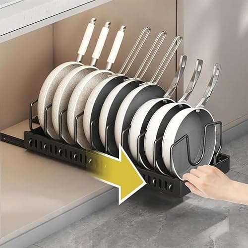 AmoiChic 2 Pack Pull Out Cabinet Organizer for Pots and Pans, Black Storage Rack with 8 Adjustable Dividers, Kitchen Cabinet Organizer for Pot Lids, Bakeware, Dishes Storage thumbnail 2