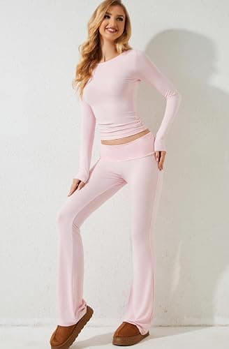 MISSACTIVER Women's Two Piece Outfit Basic Long Sleeve Crop Top and Low Rise Flare Pants Set Lounge 2 Piece Yoga Tracksuit thumbnail 3