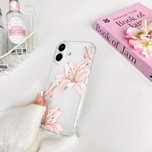 NITITOP Compatible with iPhone 16 Plus Case Clear Cute Butterfly Lily Flower Floral Pattern for Women Girls Full Camera Lens Clear Slim Shockproof Protective Phone Cover - Light Pink thumbnail 7