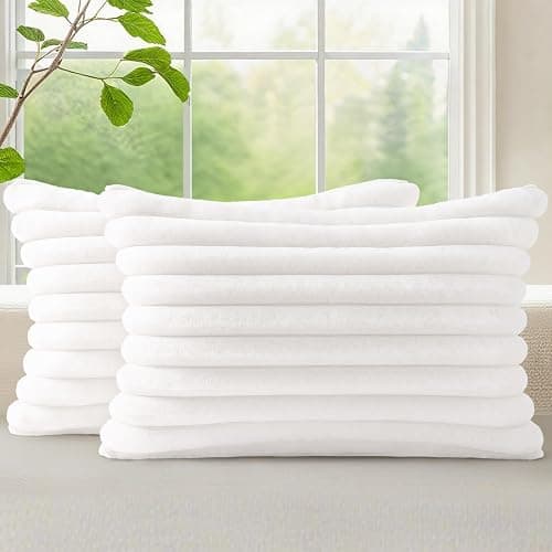 decorUhome Fall Faux Fur Throw Pillow Covers 12x20 Set of 2 White | Decorative Soft Cozy Striped Plush Modern Farmhouse Boho Couch Pillow Cases Velvet Back for Sofa Bed Living Room Home Decor - Image 1