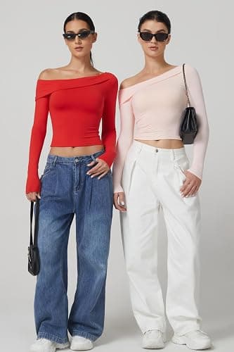 QINSEN Women Long Sleeve Off Shoulder Tops Trendy Double Lined Going Out Shirt for Fall thumbnail 5
