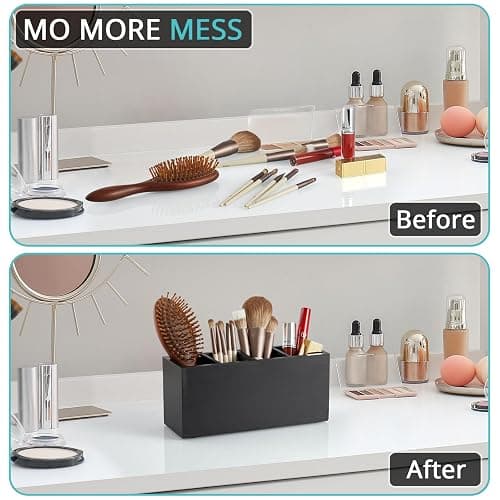 Bivvclaz Pencil Pen Holder for Desk, Wooden Office Desk Organizers and Accessories with 4 Slots for Countertop, Makeup Brush Holder Organizer for Bathroom Vanity, Silverware Caddy for Party, Black thumbnail 5