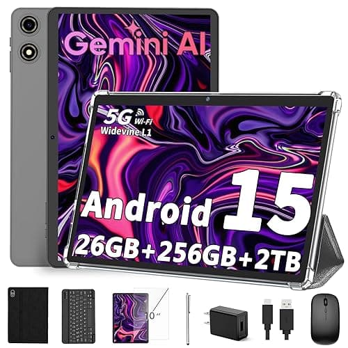 JJGJ 2025 Android 15 Tablet 10 Inch, 26GB+256GB+2TB Expand, 2 in 1 Tablets with Keyboard Case Mouse Stylus, 8000mAh Battery, Octa-Core, Dual Camera, Supports Widevine L1, 5G WiFi, GPS（Black Case） - Image 1