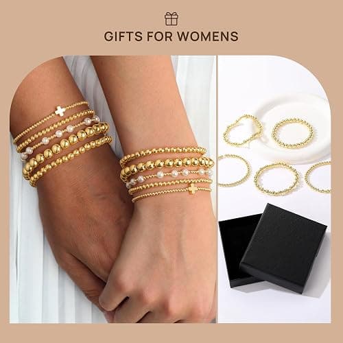 Yoosteel Gold Beaded Bracelets Set for Women Teen Girl Gifts Non Tarnish - 14K Gold Plated Dainty Round Bead Ball Pearl Cross Bracelet Stack for Women Teenage Girls Stackable Jewelry Christmas Gifts thumbnail 6
