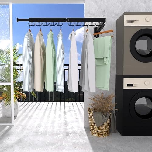 Kelisiting Clothes Drying Rack, Wall Mounted Laundry Drying Rack, Upgrade 3-Fold Foldable Collapsible Retractable Clothing Drying Rack with 12 Dual Hooks Organization for Laundry Room Indoor- Black thumbnail 5