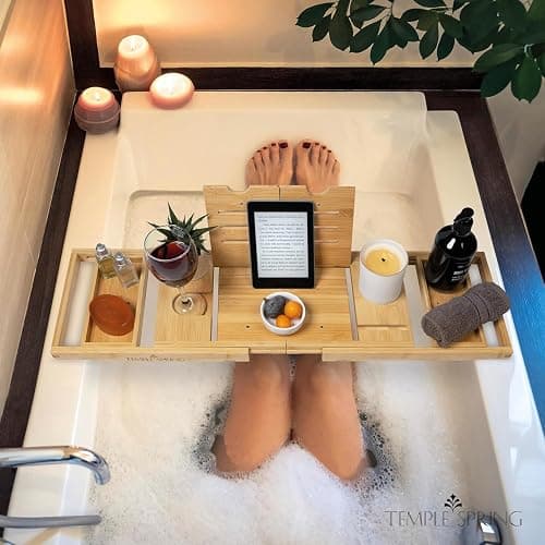 Temple Spring Foldable Bamboo Bathtub Tray Caddy for Tub — Expandable One-Piece Wood Bath Table with Wine Holder Book Stand and Non-Slip Pads — Space-Saving Bath Caddy — Housewarming thumbnail 7