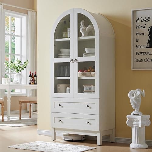 IFGET 71" Tall Arched Kitchen Pantry Cabinet, Wood Kitchen Storage Cabinets with 2 Large Drawers and Adjustable Shelves, Modern Farmhouse Versatile Cupboard for Kitchen, Dining Room, Bathroom, White - White thumbnail 3