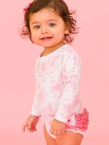 RuffleButts Baby Girls UPF 50+ Sun Protection Floral Printed Long Sleeve One Piece Rash Guard Swimsuit with Zipper thumbnail 2