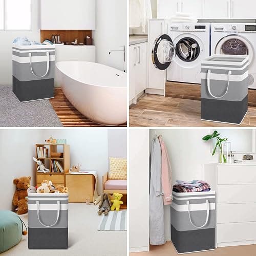 HomeHacks 2 Pack Large Laundry Baskets, Waterproof, Freestanding Laundry Hampers, Collapsible Clothes Hamper with Reinforced Handles in Laundry Room, College Dorm, Bathroom, Bedroom (Grey, 75Lx2) thumbnail 7