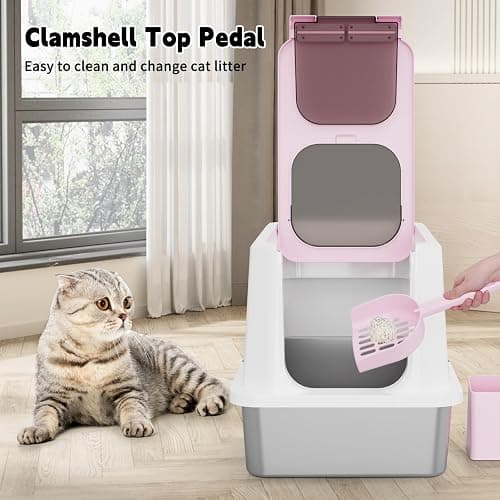 RIZZARI Enclosed Cat Litter Box: Pink Stainless Steel Odorless Litter Box with Top Holes - Anti Leakage - Large Litter Pan for Small to Large Sized Cats in Living Room Garage thumbnail 4