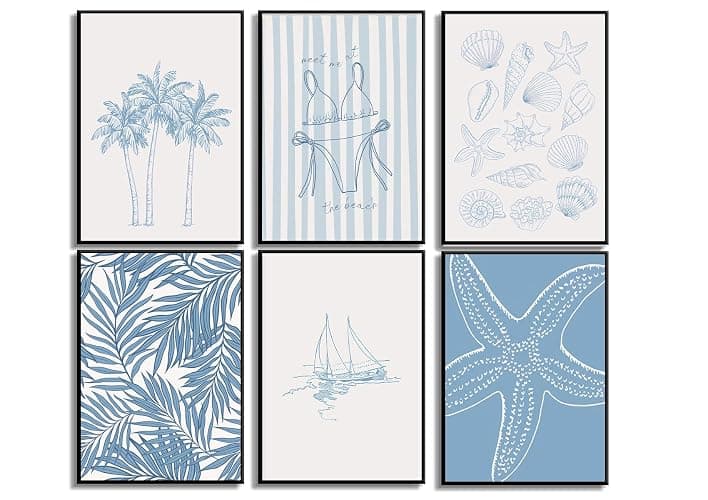 Blue Coast Bikini Shell Canvas Wall Art Fashion Swimwear Beach Aesthetic Wall Decor Preppy Coast Poster Print Artwork for Hallway Bedroom and Living Room Home Decor 8x10in - Image 1