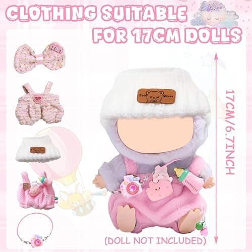 5Pcs Clothes & Accessories for 17cm Dolls, Includes Pink Overalls Bow Hair Clip Camera Bag Hat for Girls Kids Birthday (No Doll) thumbnail 2
