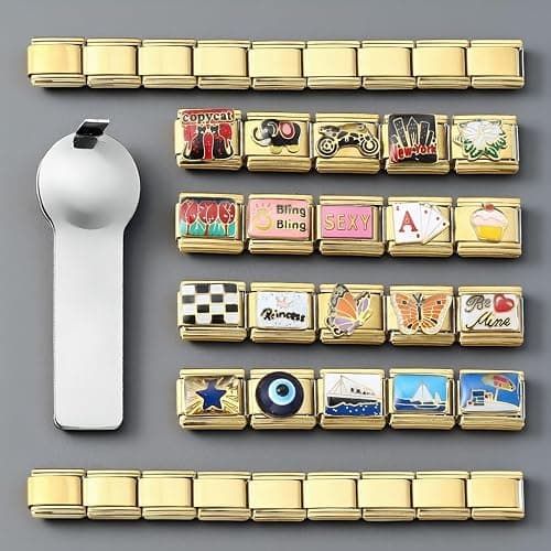 GEMOSA Gold Italian Charm Bracelet Sets with 1Pcs 6.75 inch Starter Brascelet, 20Pcs Charms Pack and Opening Tools, 9mm Italian Modular Charm Bracelet Link Handmade DIY Module Jewelry Gifts thumbnail 2