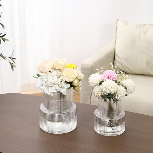 YANWE1 Ribbed Glass Vases for Bouquet, Set of 2 Fluted Vases for Flowers, Clear Vase for Tulips, Modern Glass Vase for Living Room, Office, Coffe Table, Dining Table, Shelf, Wedding thumbnail 6