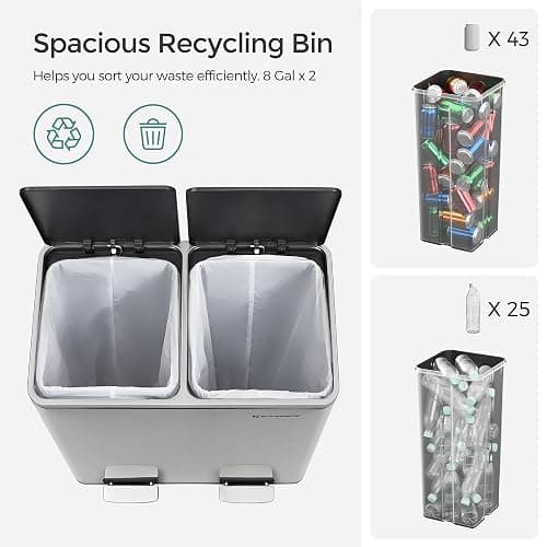 SONGMICS Trash Can, 2 x 8 Gallon (2 x 30 L) Garbage Can for Kitchen, with 15 Trash Bags, 2 Compartments, Plastic Inner Buckets and Hinged Lids, Airtight, Silver and Black ULTB60NL thumbnail 6