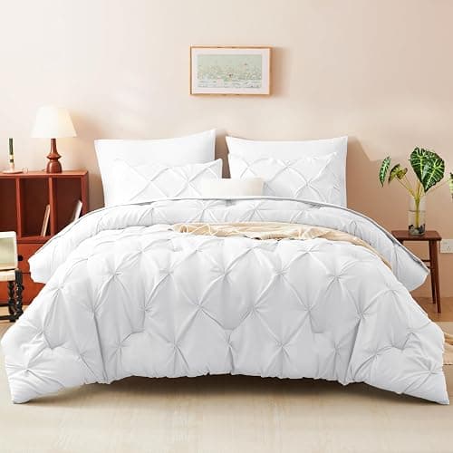 CozyLux Queen Comforter Set White, 7 Pieces Pintuck Bed in A Bag, Premium White Comforter Queen Size, Pinch Pleat Bedding Sets with Comforter, Sheets, Pillowcases & Shams thumbnail 6