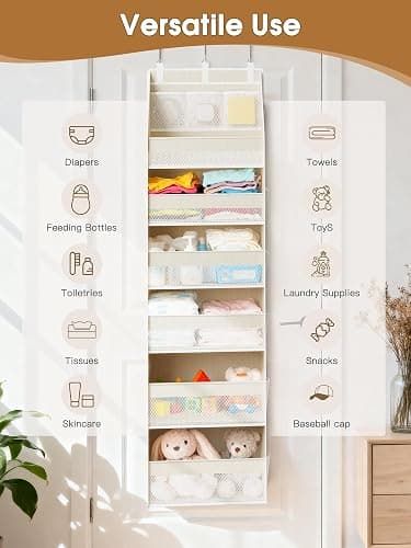 Criusia Over the Door Organizer, 6-Shelf Closet Hanging Storage with 13 Mesh Pockets, 55lbs Capacity Behind the Door Storage for Baby Nursery, Bathroom, Bedroom, and Dorm, Beige thumbnail 8