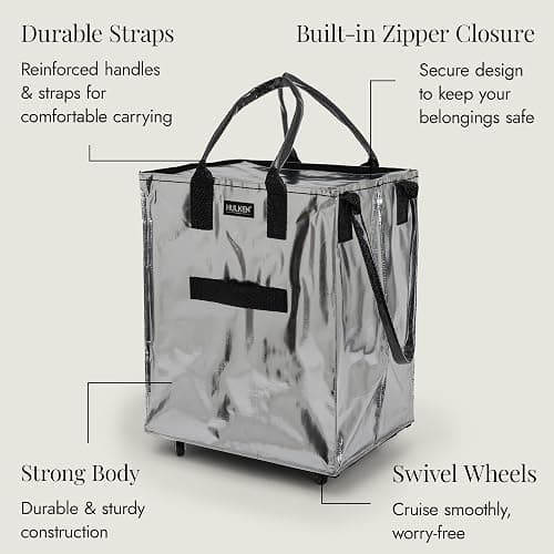 (Large, Silver) Reusable Grocery Bag On Wheels, Shopping Trolley, Rolling Tote, Zipper Closure, Lightweight, Carries Up to 66 lb, Folds Flat, Unbreakable Handles thumbnail 8