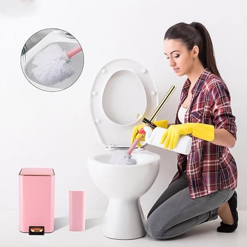 XLHOMO Pink Bathroom Accessories Set 8 Piece Pink and Gold Bathroom Set, Bathroom Sets with Stainless Steel Trash Can,Toilet Brush,Toothbrush Set,Soap Dispenser thumbnail 7
