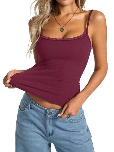 EasyGala Womens Lace Camisole Tops Square Neck Ribbed Tank Tops Adjustable Spaghetti Straps Sleeveless Summer Shirt 2025 thumbnail 6