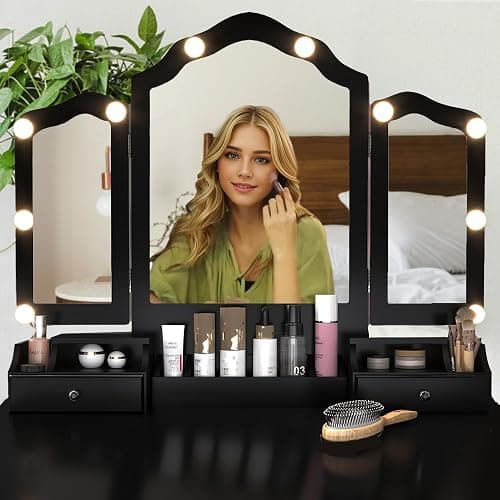 NEDYO Vanity Table, Vintage Vanity Desk with Mirror and Lights, Tri-Fold Mirror Small Makeup Vanity with Chair, Vanity Set for Bedroom and Small Spaces. Carbon Black thumbnail 7