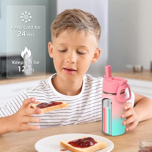 Volhoply 14oz KIds Water Bottle with Straw Lid and Silicone Boot Bulk 6 Pack,Stainless Steel Insulated Cups for Boys & Girls Multipack,Double Wall Vacuum Leakproof Bottles(Assorted,6) thumbnail 2