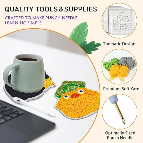 PUNICA Punch Needle Kit for Beginners, Kids & Adults Coaster Set of 6, Easy DIY Embroidery Set Starter Craft Gift with Cute Cartoon Decoration thumbnail 2