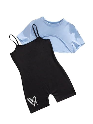 SweatyRocks Girl's 2 Piece Outfits Cut Out Short Sleeve Crop Top and Heart Print Cami Short Jumpsuit Set - 10Y - Multicolor thumbnail 6