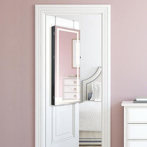 CHARMAID LED Mirror Jewelry Cabinet, Lockable Jewelry Armoire with Adjustable Lighted Full Length Mirror, 3 Lighting Sets, Wall Mounted Door Hanging Jewelry Storage Organizer (Black, 42.5''H) thumbnail 2