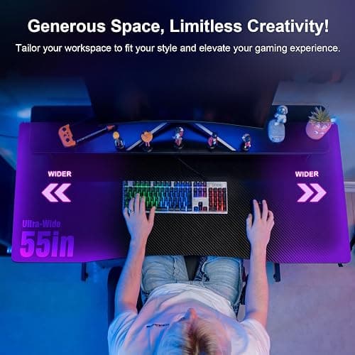 GTRACING 55 Inch Gaming Desk with LED Lights & Power Outlet, Computer Gamer Desk with Monitor Stand, Ergonomic Carbon Fiber Gaming Table Home Office Desk with Headphone Hook & Mouse Pad - Black thumbnail 6